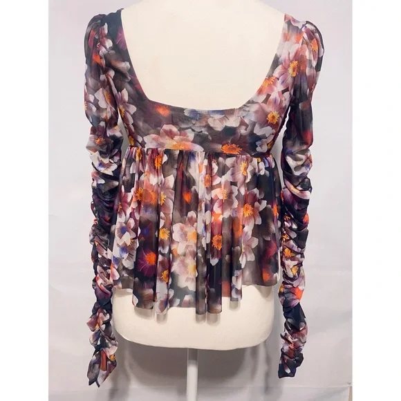 Urban Outfitters Floral Ruffle Ruched Mesh Long Sleeve Babydoll Top, Size S - Picture 7 of 9